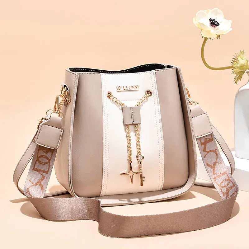 Women's Color Contrast Bucket Bag with Wide Strap