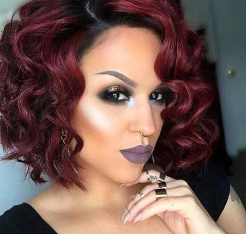Red Short Curly Wig for Black Bob Hairstyle