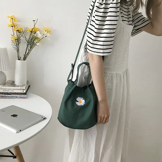 Daisy Embroidery Solid Color Canvas Women's Messenger Bag