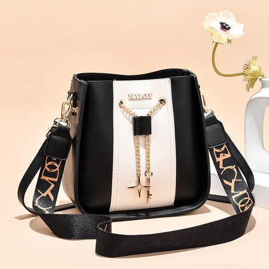 Women's Color Contrast Bucket Bag with Wide Strap