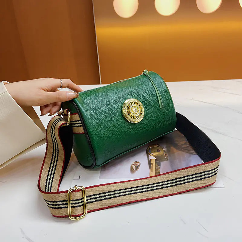 Genuine Leather Women's Messenger Bag with Wide Strap