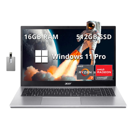 acer Aspire 3 15.6" FHD Laptop AMD Ryzen 7 5700U Processor 16GB RAM 512GB SSD AMD Radeon Graphics Numeric Keypad 720p HD Webcam Wi-Fi 6 Windows 11 Pro Silver 32GB Hotface USB Card