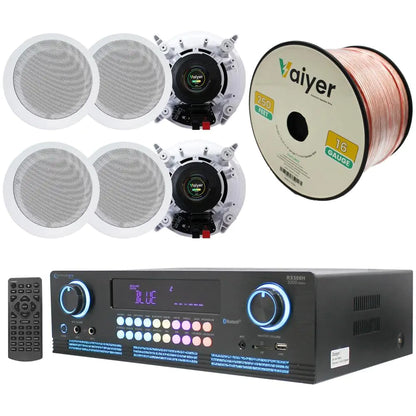 Home Theater System Kit 2000 Watts Bluetooth Amplifier with 6 Qty 6.5" 200 Watts in-Wall in-Ceiling Speakers & 16 Gauge 250 ft. Speaker Wire by Technical Pro