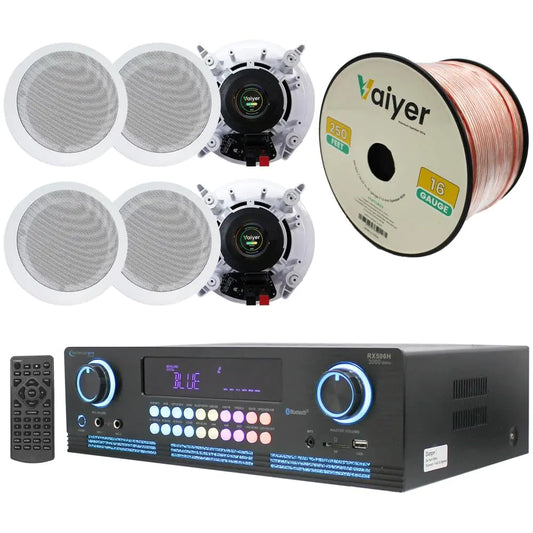 Home Theater System Kit 2000 Watts Bluetooth Amplifier with 6 Qty 6.5" 200 Watts in-Wall in-Ceiling Speakers & 16 Gauge 250 ft. Speaker Wire by Technical Pro