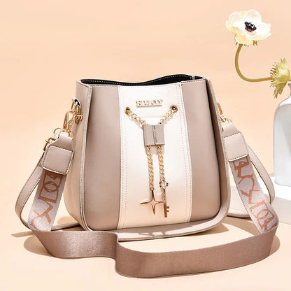 Women's Color Contrast Bucket Bag with Wide Strap