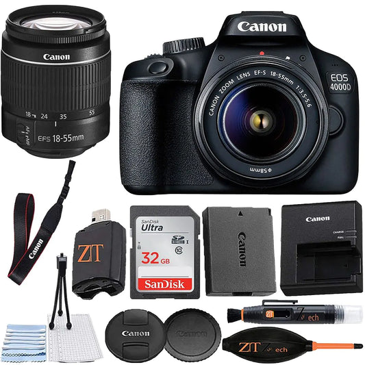 Canon EOS 4000D / Rebel T100 DSLR Camera 18-55mm Zoom Lens + ZeeTech Accessory Bundle with SanDisk 32GB Memory Card Cleaning Starter Kit High Speed Memory Card Reader (Renewed)