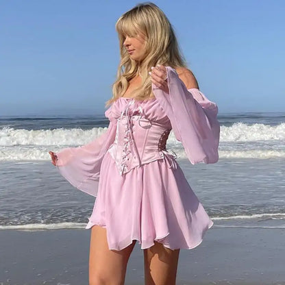 Pink Chiffon Summer Dress with Corset Detail