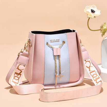 Women's Color Contrast Bucket Bag with Wide Strap