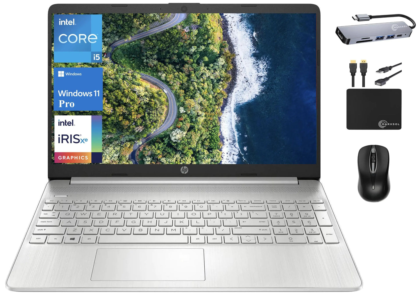 HP 15 Laptop 2024 Business Notebook 15.6’’ FHD Display Quad Core Intel i5-1135G7 (Beat i7-1065G7) Iris Xe Graphics 12GB RAM 256GB SSD Webcam Bluetooth Wi-Fi Win 11 Pro +MarxsolAccessory