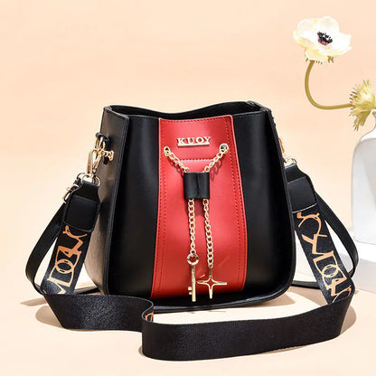 Women's Color Contrast Bucket Bag with Wide Strap