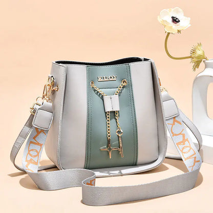 Women's Color Contrast Bucket Bag with Wide Strap